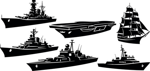 Vintage navy battleships warship aircraft carrier and old sailing ship vector illustration black silhouettes