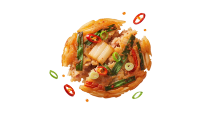 Delicious kimchi pancake, a savory Korean dish, on a clean white background ready to be eaten or placed in a recipe book or used as digital media