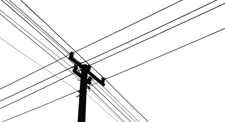 Fototapeta premium Utility pole silhouette, electrical power lines, crossarms with insulators, energy distribution system, electricity supply network, infrastructure design, geometric composition, vector illustration