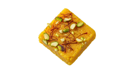Delectable square of golden besan barfi, adorned with pistachios and saffron strands showcasing rich indian culinary tradition