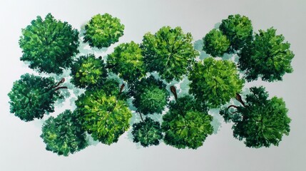Obraz premium A vibrant illustration of lush green trees, showcasing a variety of foliage in an overhead perspective, emphasizing nature's beauty and diversity.
