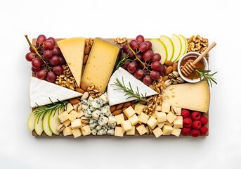Gourmet cheese board with assorted cheeses, fruits, nuts, and honey, arranged on wood.