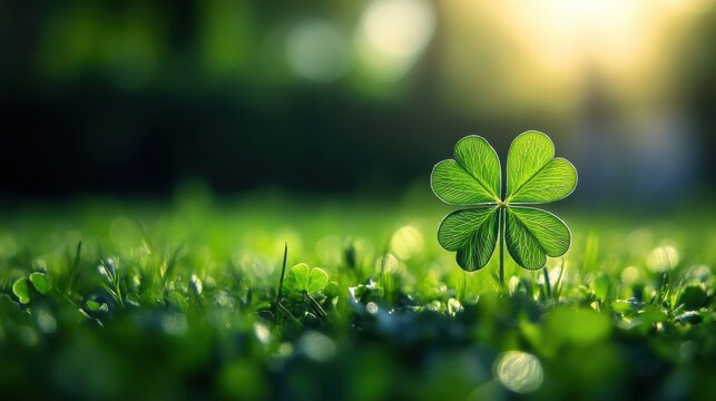 A bright green clover plant stands tall in lush grass bathed in warm sunlight.