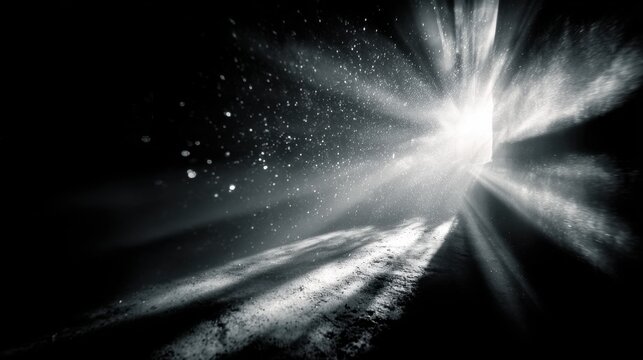 Black and white distressed abstract background with retro film grain, dust, scratches, motion blur, and light leaks