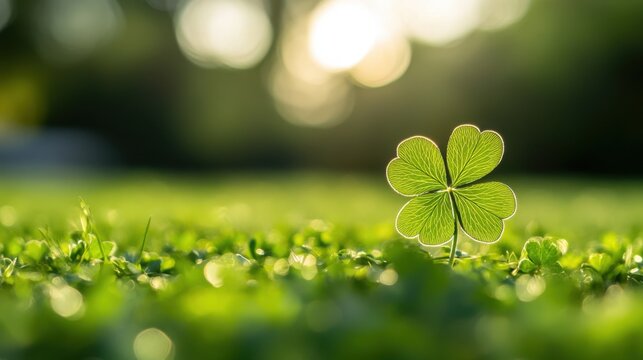 A bright green four leaf clover stands tall in lush green grass under soft sunlight.
