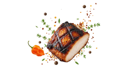 Exquisite grilled pork belly creation with vibrant herbs and spices, a culinary presentation showcasing succulent meat and aromatic flavors