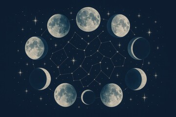 Naklejka premium Ethereal celestial cycle of lunar phases surrounded by constellation patterns and cosmic stars illustrating the mystery of night sky beauty and astronomical fascination