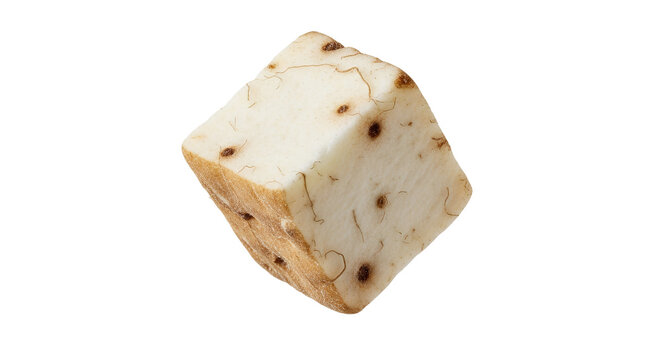 Isolated image showcasing a cube of yamaimo against a clean white background studio shot with detailed texture and soft shadows to enhance its
