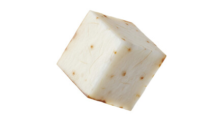 Isolated yam bean cube against white, showcasing its textured surface and unique geometry, a simple yet striking still life that highlights nature's