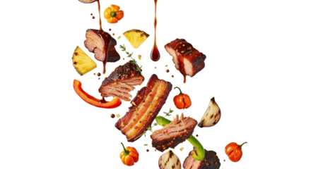 Delectable Barbecue Platter with Fresh Toppings Floating in Mid-Air for Culinary Artistry