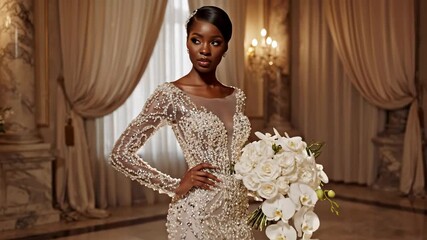Elegant bride in ornate gown, graceful ambiance with soft lighting, bridal elegance in opulent setting, wedding day joy, African descent woman, autumn romance