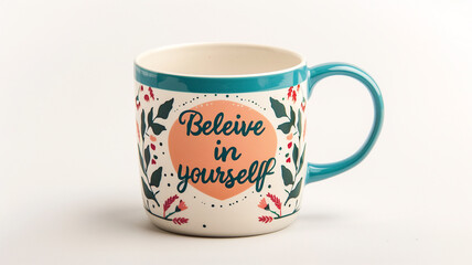 Inspirational ceramic mug with a teal handle and the phrase "Believe in yourself" surrounded by colorful floral and leaf illustrations.