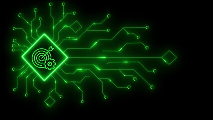 Abstract glowing red digital circuit board design with a central glowing square icon featuring target and gear symbols on a black background, representing technology and data processing - Powered by Adobe