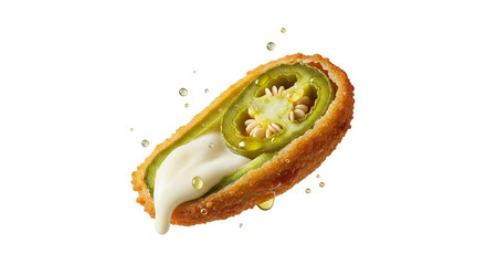 Close-up of a mouthwatering fried jalape?o popper filled with creamy cheese sauce and surrounded by oil droplets offering an appetizing visual snack