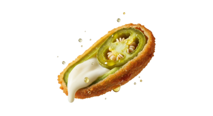 Close-up of a mouthwatering fried jalape?o popper filled with creamy cheese sauce and surrounded by oil droplets offering an appetizing visual snack
