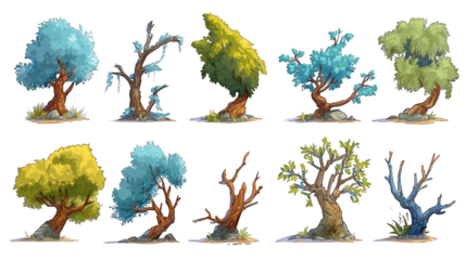 A collection of ten stylized trees, each showcasing unique colors, shapes, and textures, representing various seasons and states of growth.