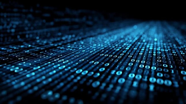 Dynamic data stream with glowing blue binary code flowing across a dark digital landscape, perfect for tech backgrounds or futuristic concepts