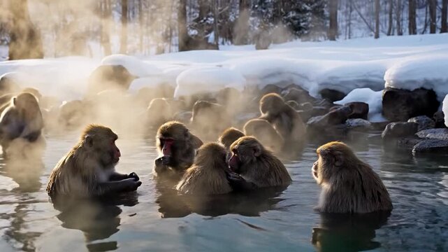 Japanese macaque enjoying hot spring, serene winter setting with steam rising, animal in natural habitat during cold season