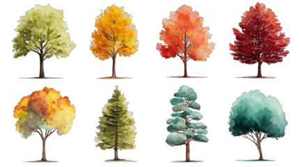 A collection of stylized trees in various colors, showcasing a range of foliage and seasonal appearances.