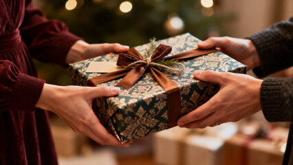Giving a beautifully wrapped Christmas present near a glowing tree is a magical moment