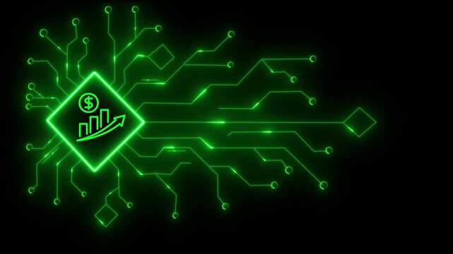 Glowing green circuit board with financial growth icon on a dark background, representing digital economy, technology, and business innovation in a futuristic context