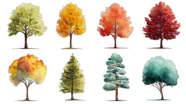 A collection of stylized trees in various colors, showcasing a range of foliage and seasonal appearances.