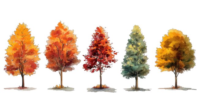 A series of five trees showcasing vibrant autumn foliage in various colors, including yellow, orange, red, and green.