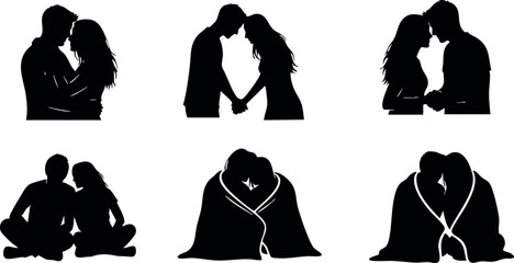 Silhouettes of romantic couple in different poses vector illustration with heart and love theme