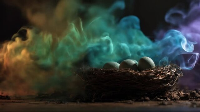A nest with eggs sits at the forefront with colorful smoke swirling above and around it in a moody scene