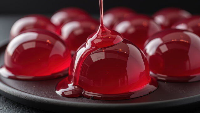 Glossy red gelatin desserts glisten on dark plate, showcasing their smooth texture and vibrant color, creating inviting and delicious appearance
