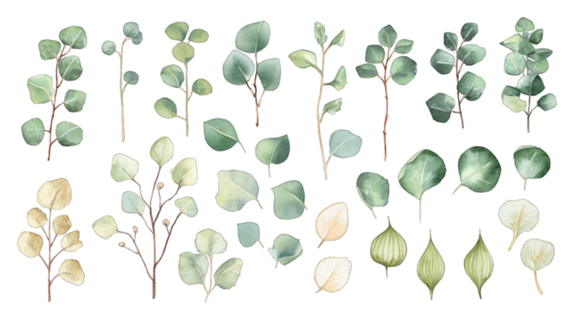 A collection of various leaves showcasing different shapes, sizes, and shades of green, arranged aesthetically.