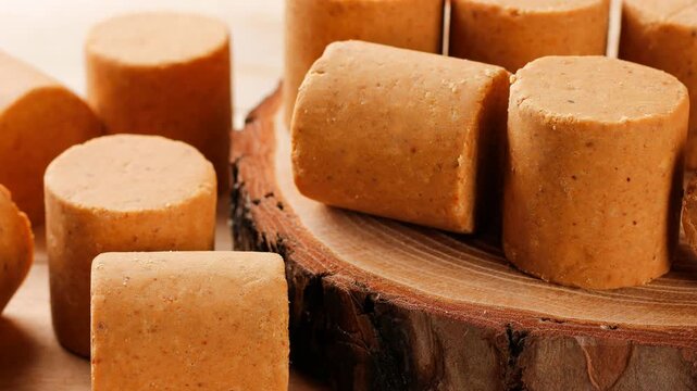 Brazilian peanut candy, traditionally known as pacoca or pacoquinha, on a wooden table