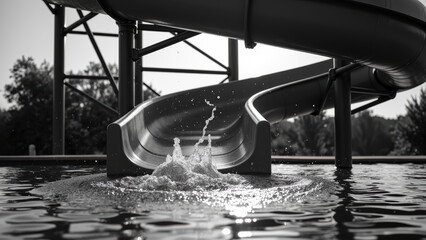 Water slide splashes into pool, creating ripples and droplets in serene setting. scene captures joy of summer fun and adventure