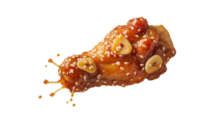 Gourmet glazed chicken wing with sesame seeds, garlic chips and sauce splash on isolated white background, promoting culinary art