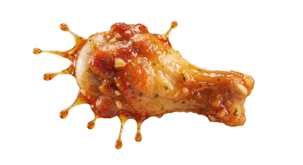 Delectable glazed chicken drumstick with dripping sauce presented against a plain white background representing a culinary delight