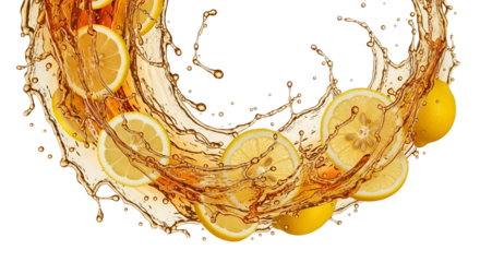Refreshing burst of citrus: Slices of lemons in a dynamic splash of amber-colored liquid creating an energizing and invigorating visual experience