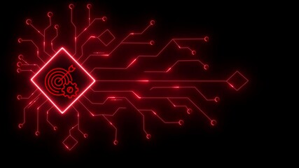 Abstract glowing red digital circuit board design with a central glowing square icon featuring target and gear symbols on a black background, representing technology and data processing - Powered by Adobe