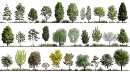 A collection of various tree species displayed in a row, showcasing diverse shapes and foliage colors.