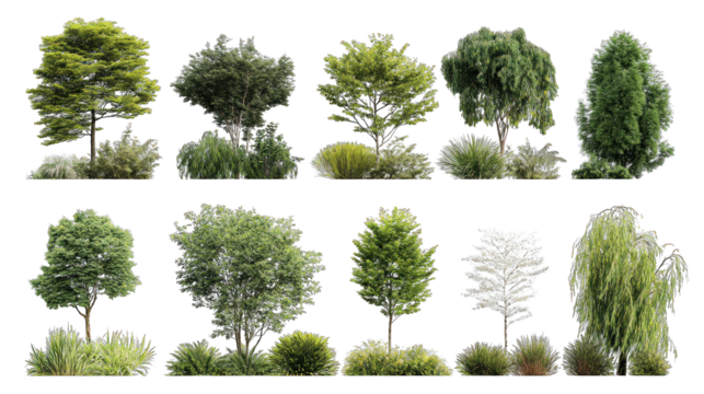 A collection of diverse trees showcasing various shapes, sizes, and foliage, illustrating the beauty of nature's greenery.