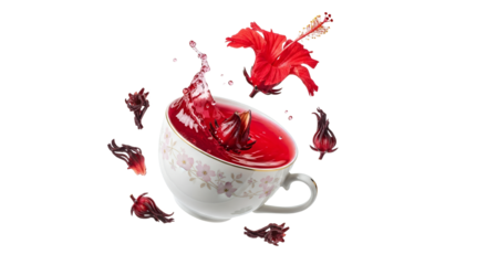 A vibrant infusion: Hibiscus tea splash in a floral cup amidst scattered blossoms creating an alluring herbal beverage composition against a
