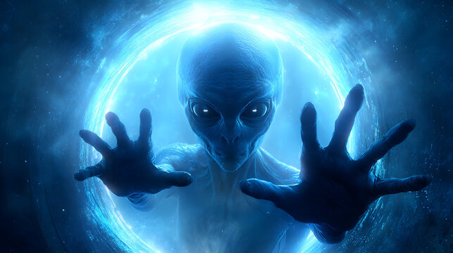 Alien being emerging from radiant circular portal