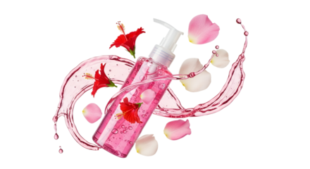 Elegant display of a floral-infused skincare product with dynamic liquid splashes and delicate petals creating a visually appealing composition