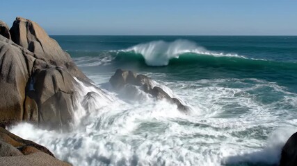 Vivid footage of powerful ocean waves crashing against rocky cliffs showcasing dynamic marine movements and coastal scenery with vibrant colors and natural energy - Powered by Adobe