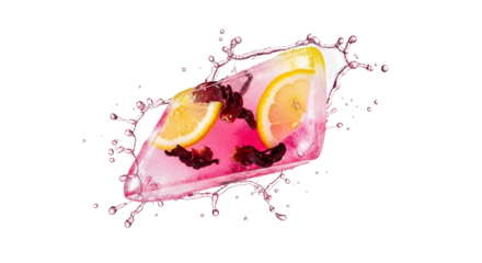 Colorful beverage ice splash with lemon and hibiscus offers a refreshing visual experience promoting healthy drink options and summer vibes