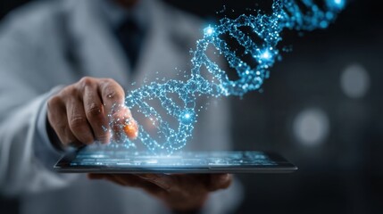Medicine doctor uses virtual screen interface, dna and hologram for digital healthcare and network connection, modern medical technology and futuristic concept