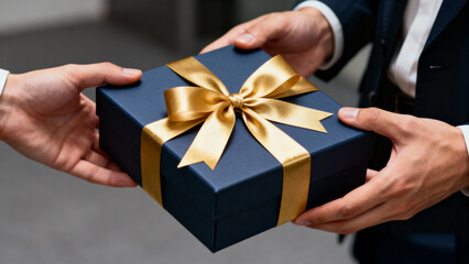 Elegant gift of appreciation a blue present with gold ribbon for employees or clients