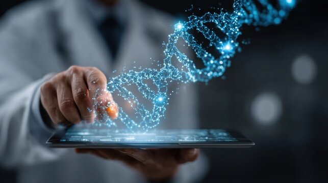 Medicine doctor uses virtual screen interface, dna and hologram for digital healthcare and network connection, modern medical technology and futuristic concept
