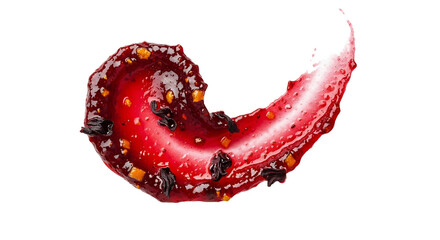 Artistic swirl of vibrant crimson fruit preserve with texture on a clean white backdrop showcase its unique character and the culinary artistry