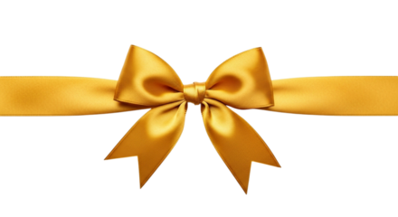 A beautiful shiny golden satin ribbon tied in a perfect bow centered horizontally against a clean transparent background, symbolizing celebration, gift, or luxury