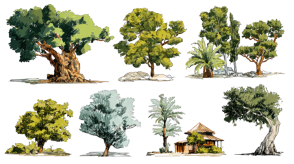 A collection of various tree illustrations showcasing diverse shapes, sizes, and types, including palm and tropical varieties.